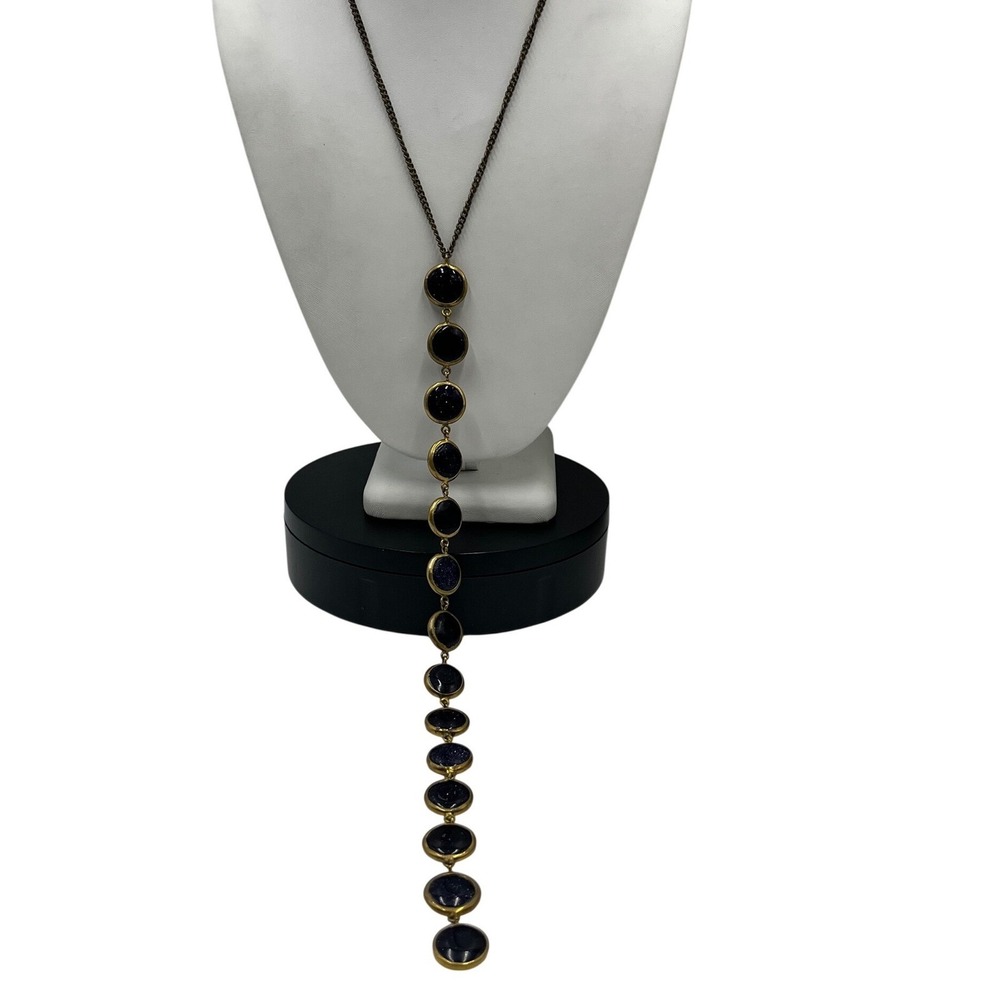 Lena‎ Bernard Signed Stepping Stone Bezel Round Goldstone Long Y Drop Necklace